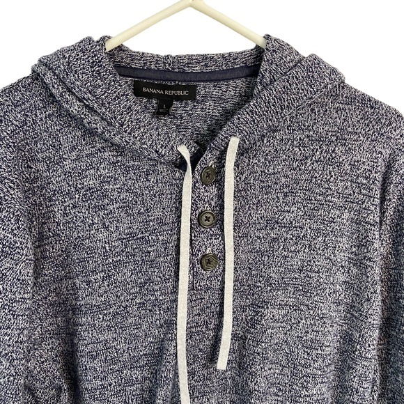 Banana Republic Mens Size L Blue Hooded Sweater Button Drawstring 100% Cotton - Picture 2 of 5